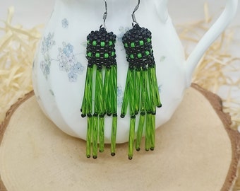 Mania - handmade beaded green and black earrings