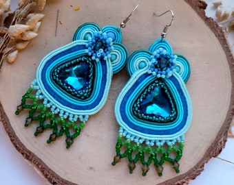 Handmde soutache earrings blue turquoise and green. Dangle and drop, sparkle and beaded jewelry.