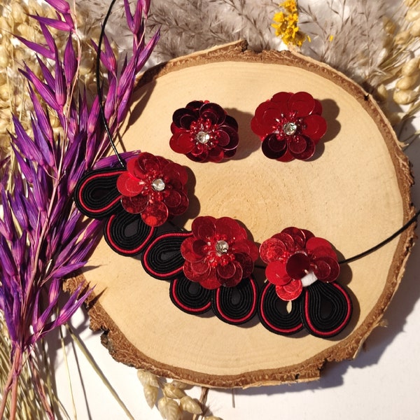 Anemony - collana / colletto soutache minimalista per la sera, collana soutache nera rossa con fiori, orecchini fiori rossi
