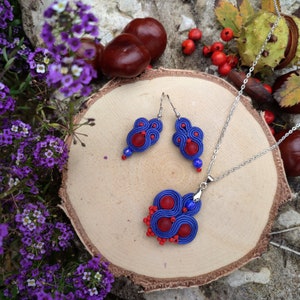 Soto - Handmade mini soutache set,  blue soutache earrings and pendant, red soutache jewelry set, handmade soutache jewelry set