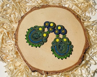 Handmade soutache bunte blaue und grüne Ohrringe - Marselle