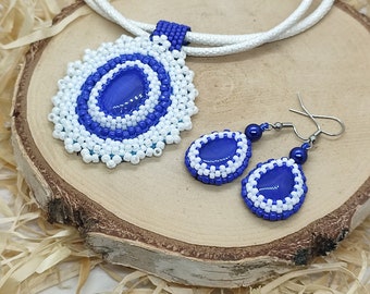 Celestial - blue and white wedding jewelry set, beaded earrings and pendant