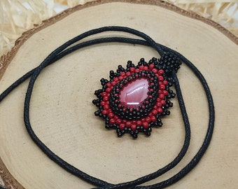 Stellar - black and red pendant, handmade beaded pendant with ceramic cabochona