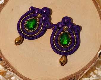Handgemaakte soutache groene en paarse oorbellen - Regina