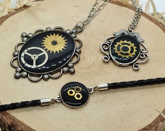 Industrial jewelry clock parts in resin, steampunk jewellery set