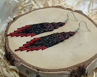 Ticala - handmade beads embroidery earrings, ethnic dangle black earrings, boho tassel beads earrings, red beaded earrings