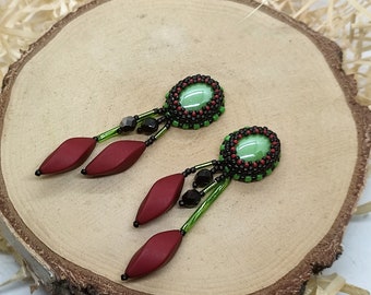 Lucia - handmade  red green and black earrings, dangle beaded earrings, boho tassel beads earrings