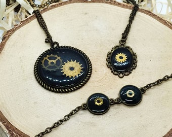Industrial jewelry clock parts in resin, steampunk jewellery set in color of antique