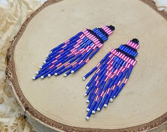 Ticala - handmade beads embroidery earrings, ethnic dangle beaded earrings, boho tassel beads earrings, purple and magenta beaded earrings