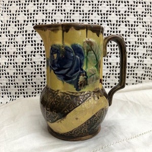 Antique Victorian Majolica Pitcher Yellow bamboo and Blue Rose