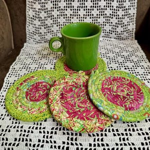 Fabric Wrapped Coiled Rope Coaster Set Summer lime green and fushia batik and print fabrics **Stitching for Charity**