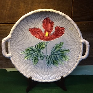 Large Majolica Cake Plate Serving Plate Platter with handles  Made in Germany unmarked Zell