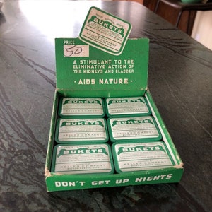 Vintage store Counter Display with 6 Laxative tins Patent Medicine Tins Bukets