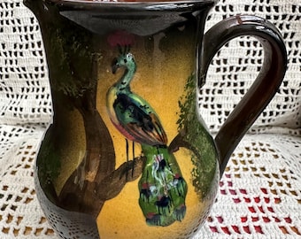 Mottoware Pitcher with Peacock Torquay Art Pottery