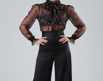 Women’s Bow Neck RufflesEmbroidered Silk Organza Blouse