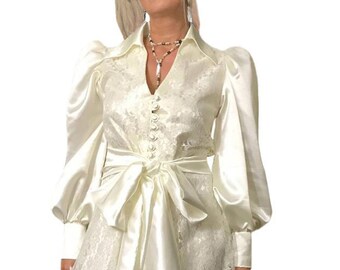 Ivory silk-lace long puffy sleeve robe lounging in sizes women XS S M L XL 2XL 3XL 4XL