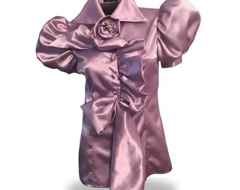 Rose Detailed Front Ruffle Satin Blouse