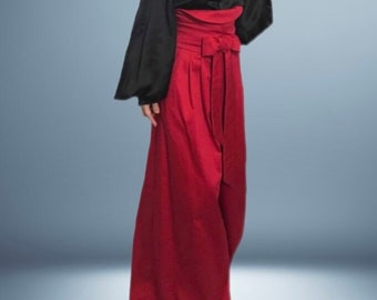 Red high-waist cotton satin pleated trousers