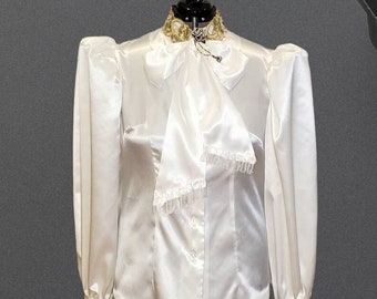 White puffy long sleeve satin bow blouse in sizes XS S M L XL 2XL 3XL 4XL