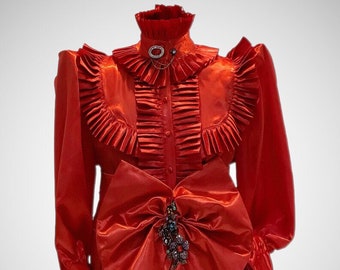 Red pleated ruffles satin puff blouse in sizes XS S M L XL 2XL 3XL 4XL