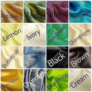 May include: A grid of fabric swatches in various colors, including Antique, Apple, Whine, Turquoise, Lemon, Ivory, Irish Green, Champagne, Buttercup, Baby blue, Black, Brown, Canary Yellow, Charcoal, Chartreuse, and Cream. Each swatch has its color name.
