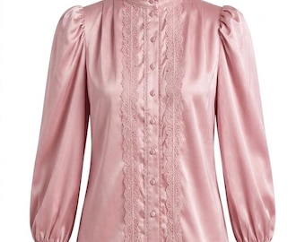 Lace Trim Satin Victorian Blouse - High Neck, Puffy Sleeves