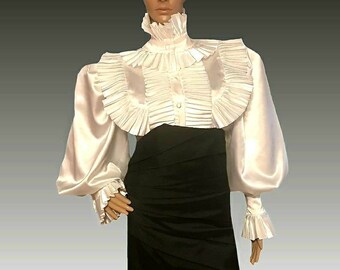 White pleated ruffles satin puff blouse in sizes XS S M L XL 2XL 3XL 4XL