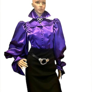 Deep purple puffy sleeve satin lapel collar blouse in sizes XS S M L XL 2XL 3XL 4XL