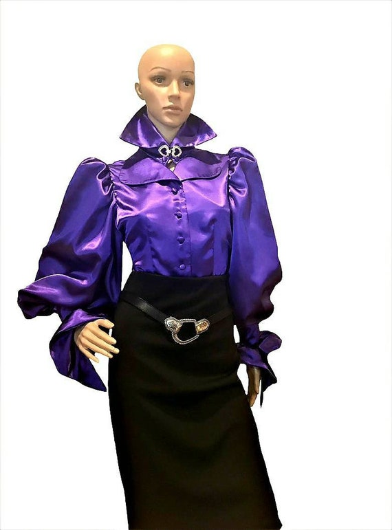 Deep Purple Puffy Sleeve Satin Lapel Collar Blouse in Sizes XS - Etsy ...