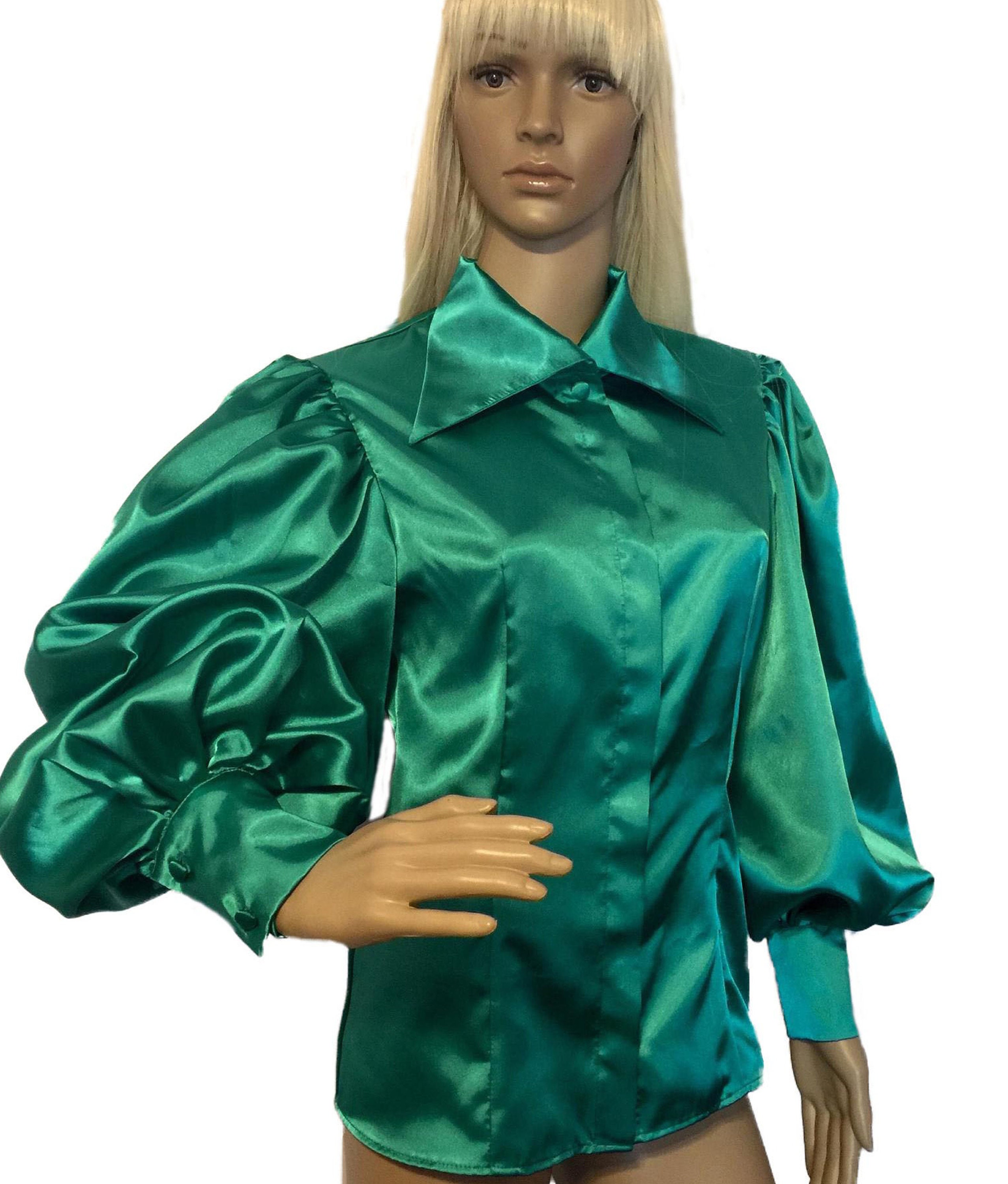 Puff sleeves satin hide uttons blouse in irish green color