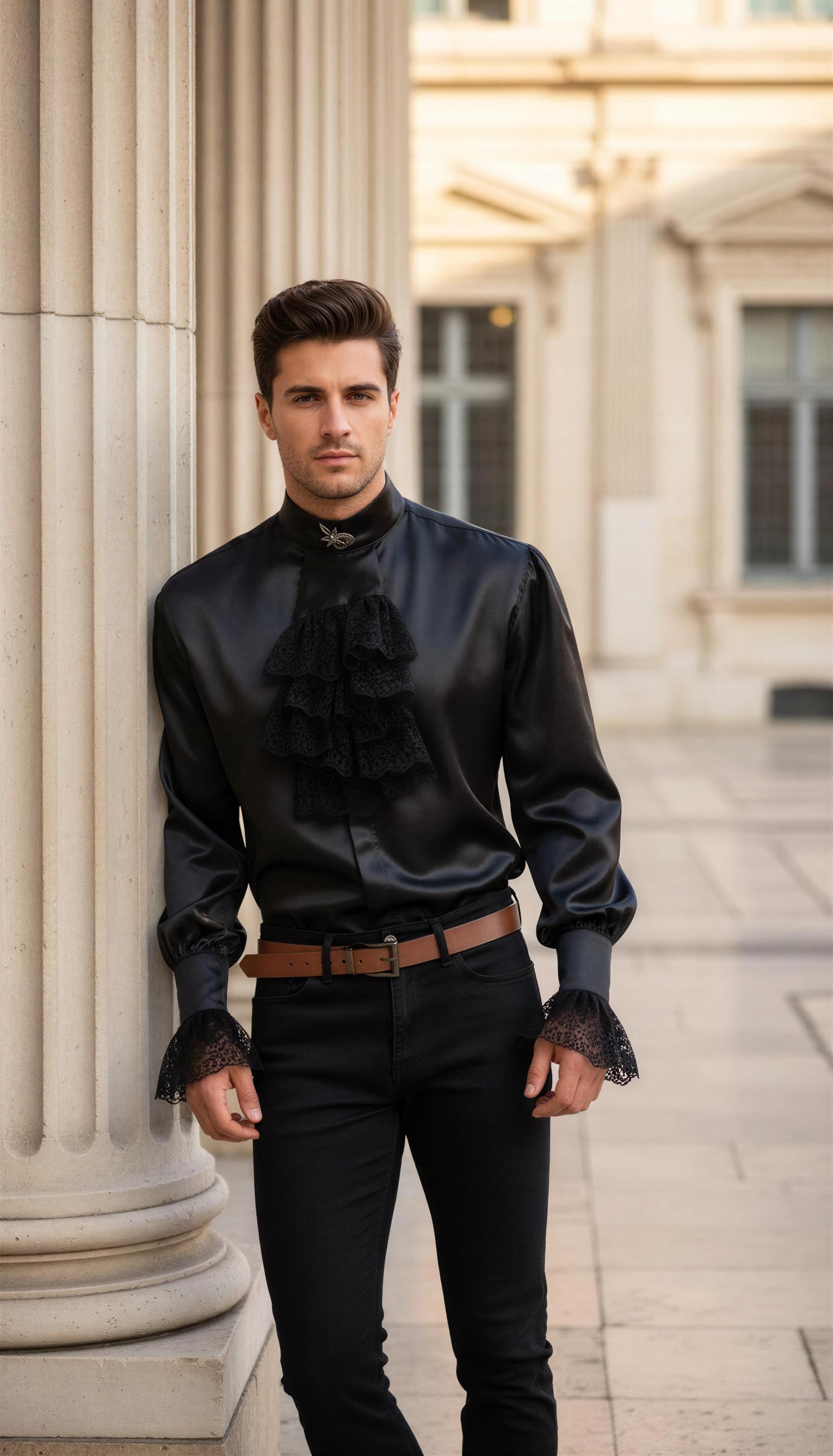 Men's Silk Lace Dress Shirt with Detachable Jabot