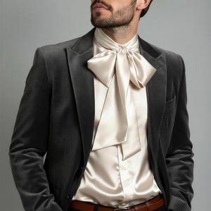 White Silk Charmeuse Raglan Shirt: Banded Collar, Puff Sleeves