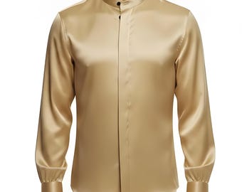 Camisa de vestir de charmeuse de seda con cuello de banda para hombre