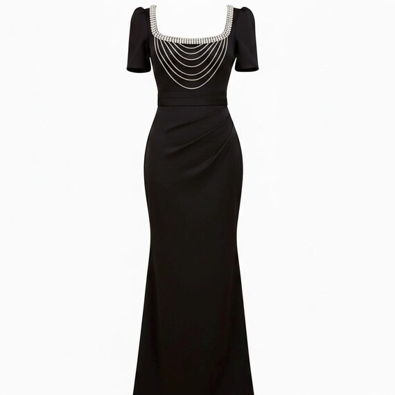 Formal Black Satin Mermaid Dress with Rhinestone Embellishment and Open V-Back