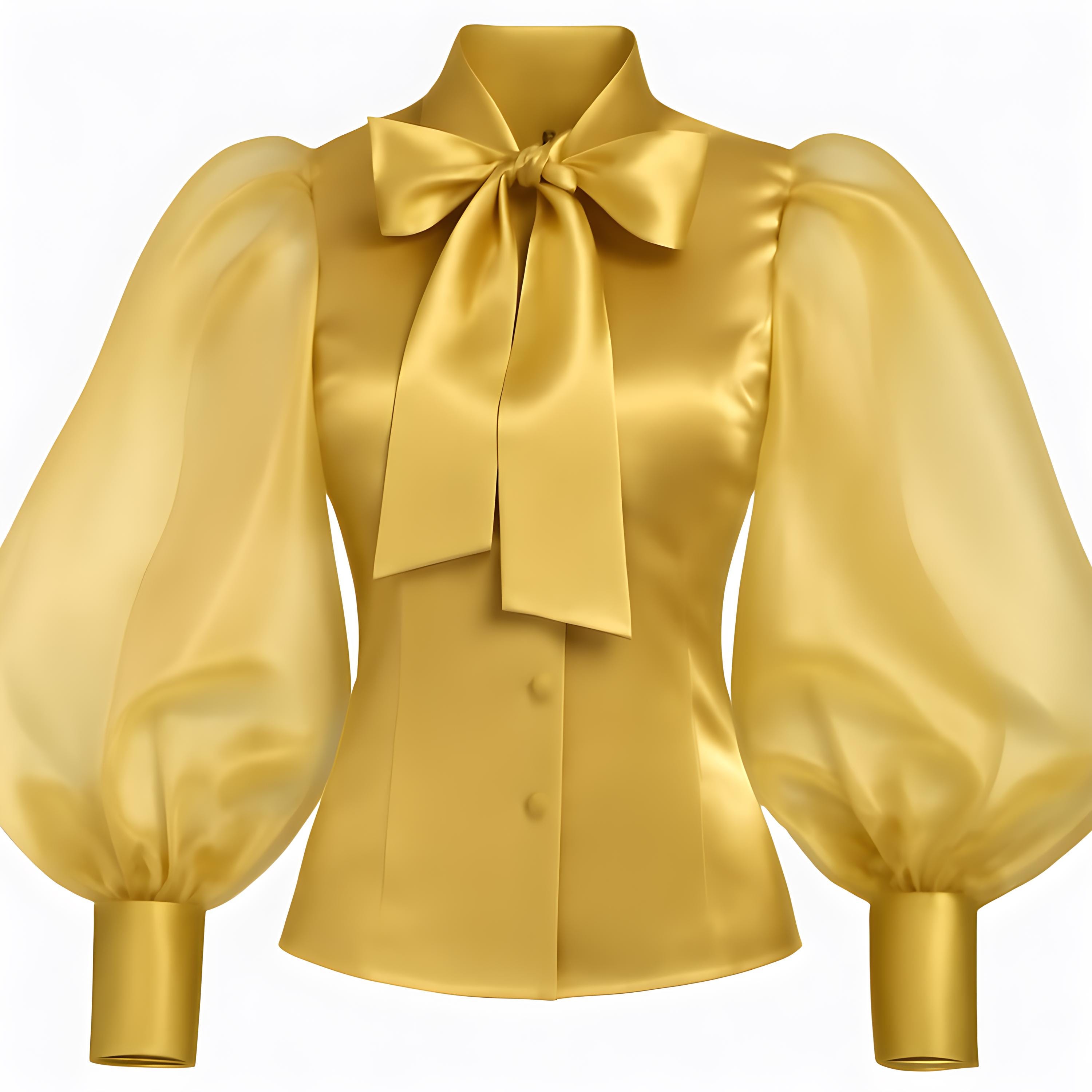 Bow-neck Balloon-sleeved Satin & Organza Blouse in Antique Gold - Etsy