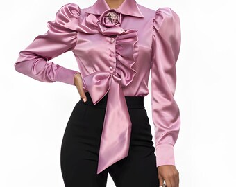 Rose Detailed Front Ruffle Satin Blouse