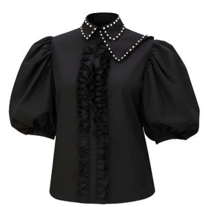 Schwarze Baumwolle Puff Ärmel Bluse mit Chiffon Rüschen Lätzchen & Perlen Verzierter Kragen