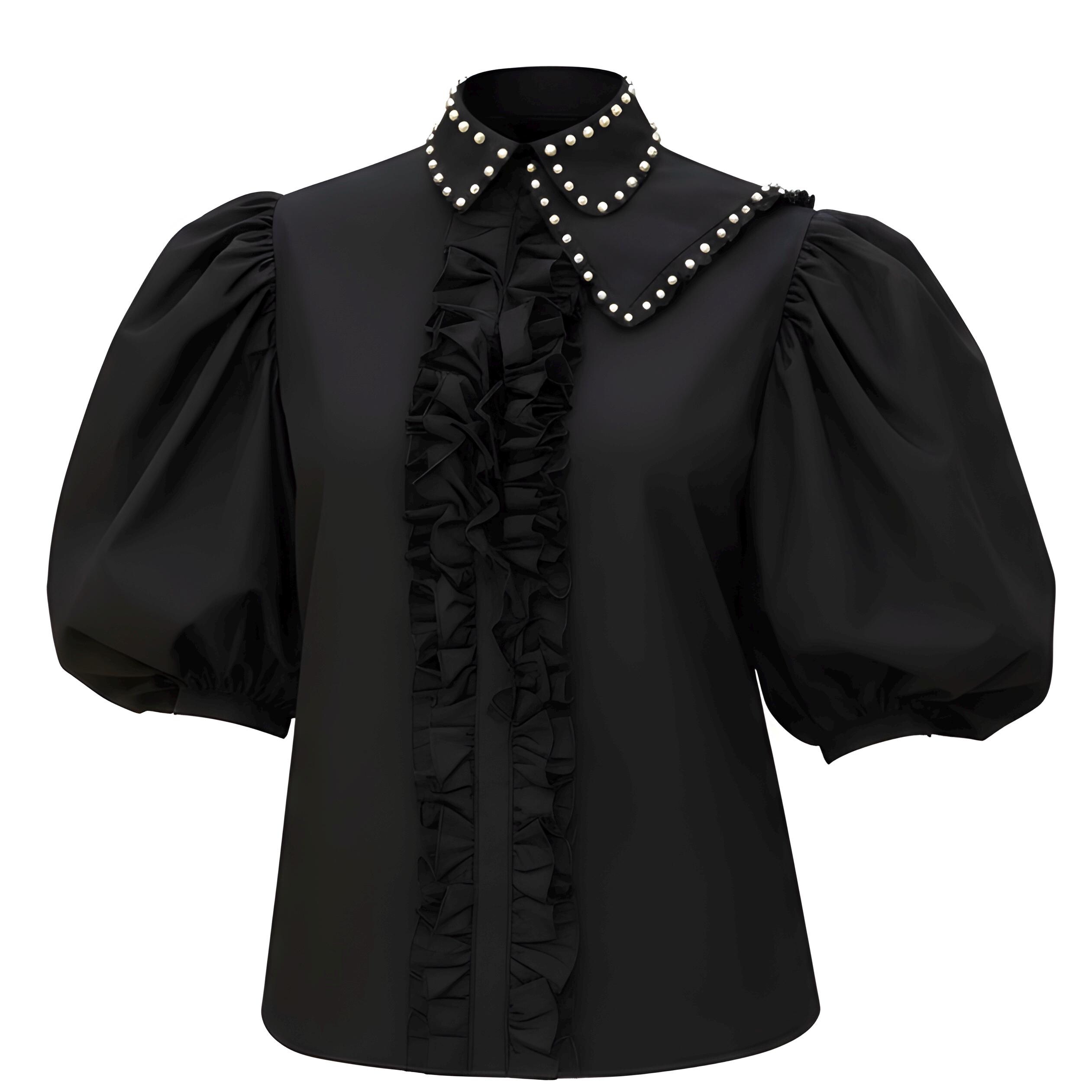 Black Cotton Puff Sleeve Blouse With Chiffon Ruffle Bib & Pearl 