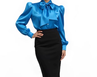 Women's Vintage-Style Satin Blouse, Puffy Sleeves, Bow Neck Tie in Turquoise