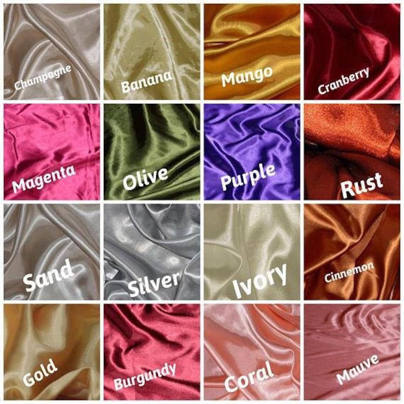 May include: A collage of 16 fabric swatches in various colors, including champagne, banana, mango, magenta, cranberry, olive, purple, sand, rust, silver, ivory, cinnamon, gold, burgundy, coral, and mauve.