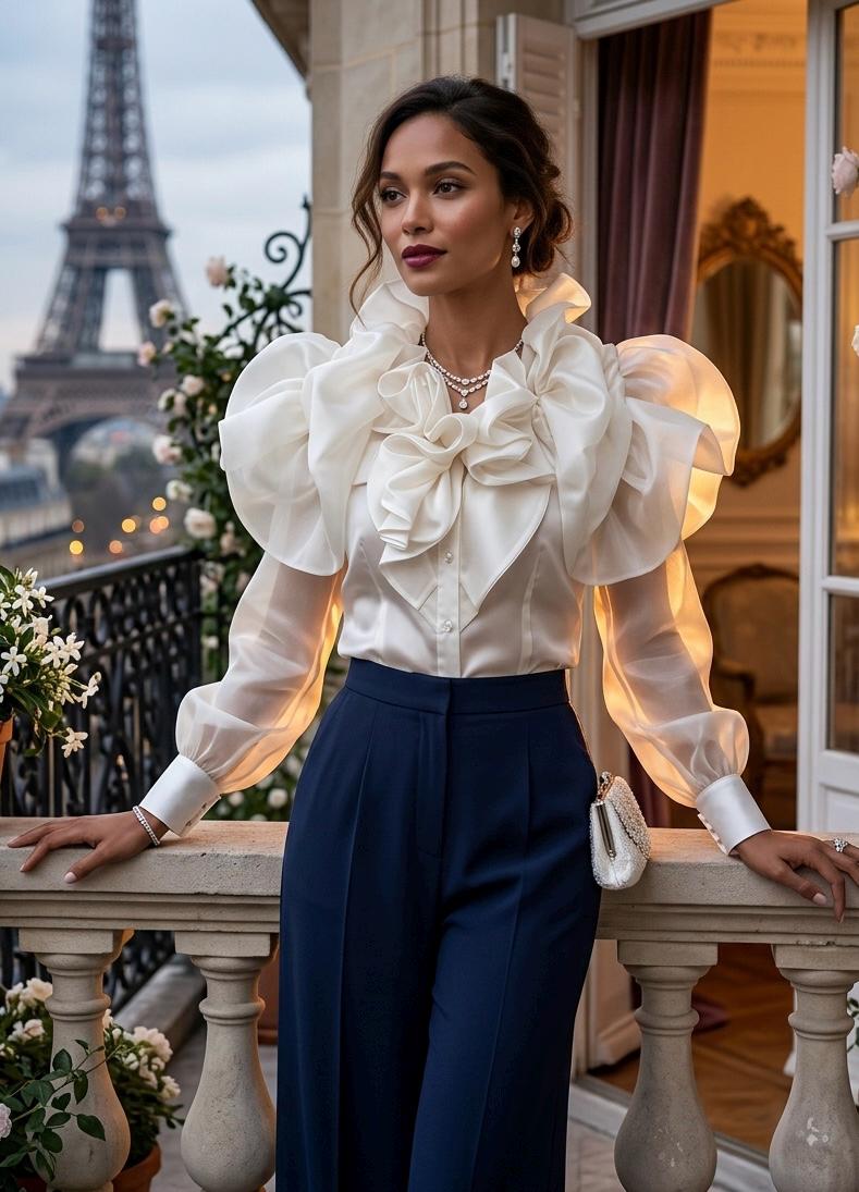The Aurelia Blouse: Satin-faced Organza Ruffled Statement Top With