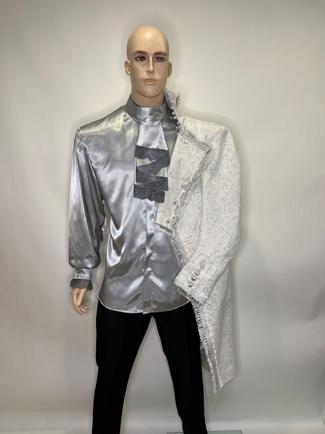 Grey Detachable Jabot Banded Collar Shirt Etsy