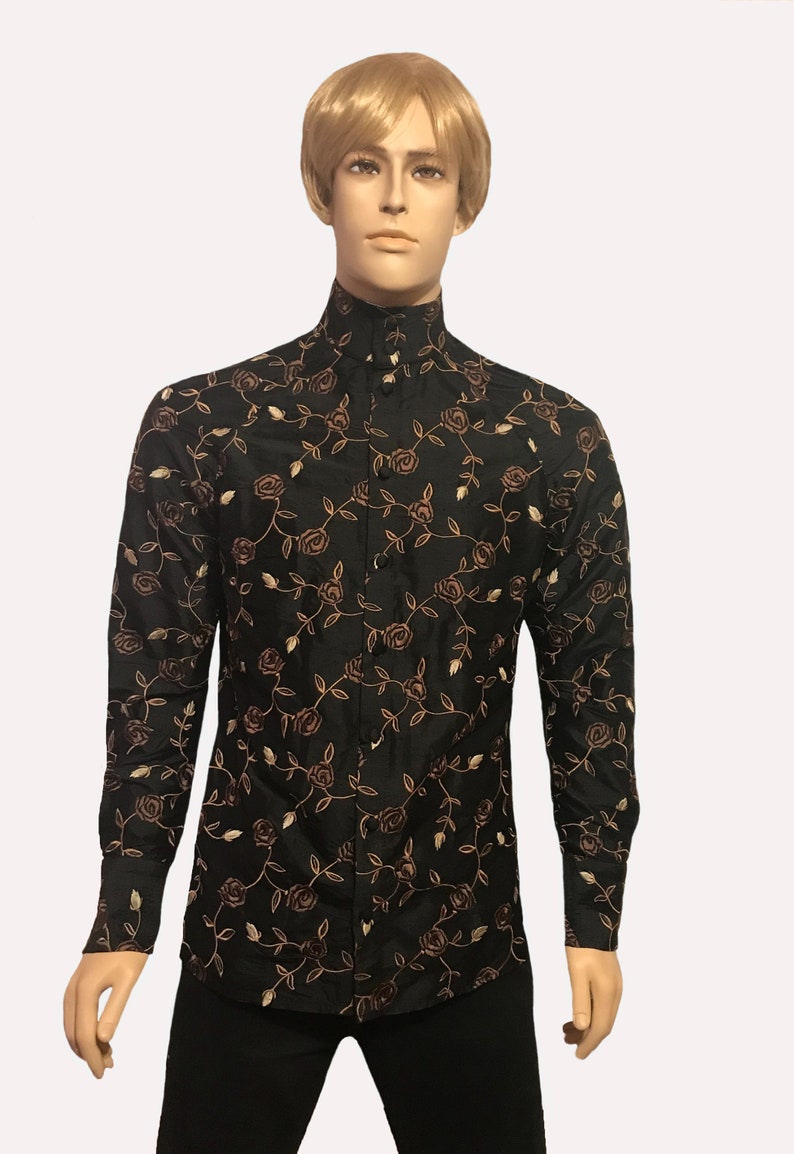 Men's Embroidered Silk Collarless Shirt Etsy