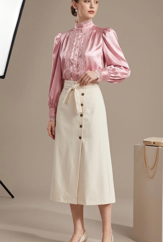 Lace Trim Satin Victorian Blouse - High Neck, Puffy Sleeves - Etsy
