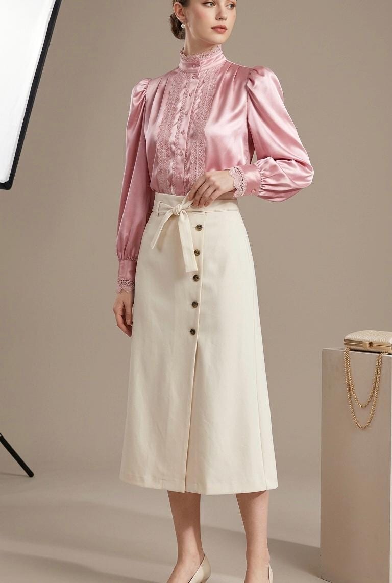 Lace Trim Satin Victorian Blouse - High Neck, Puffy Sleeves - Etsy