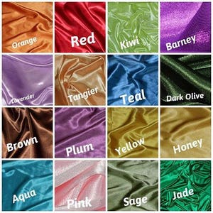 May include: A collage of 16 fabric swatches in various colors, including orange, red, kiwi, barney, lavender, tangier, teal, dark olive, brown, plum, yellow, aqua, honey, pink, sage, and jade.