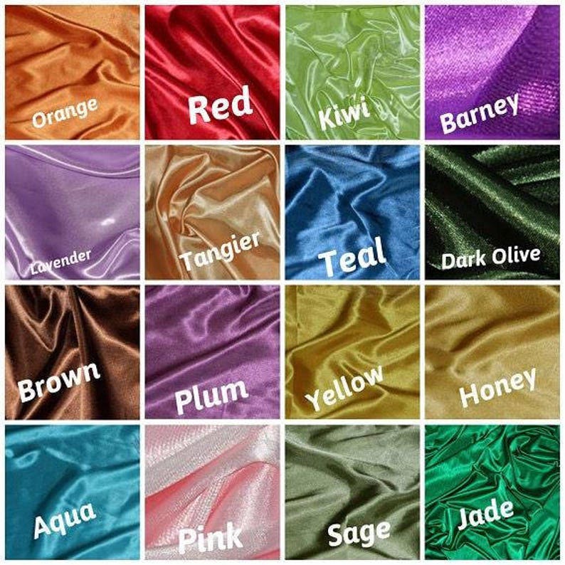 May include: A collage of 16 fabric swatches in various colors, including orange, red, kiwi, barney, lavender, tangier, teal, dark olive, brown, plum, yellow, aqua, honey, pink, sage, and jade.