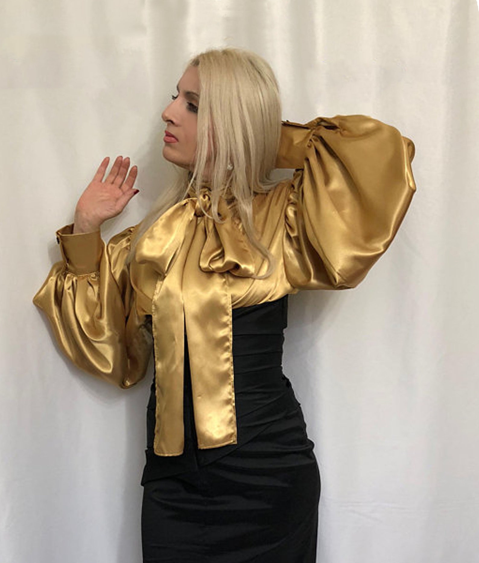 Gold Bow Tie Blouse in Sizes XS S M L XL 2XL 3XL 4XL Etsy