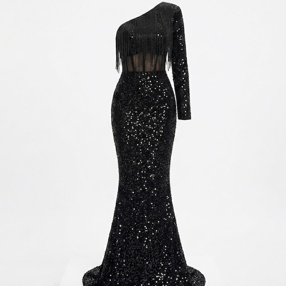 black sequin one shoulder dress Black Sequin One Shoulder Cocktail Dress 220420