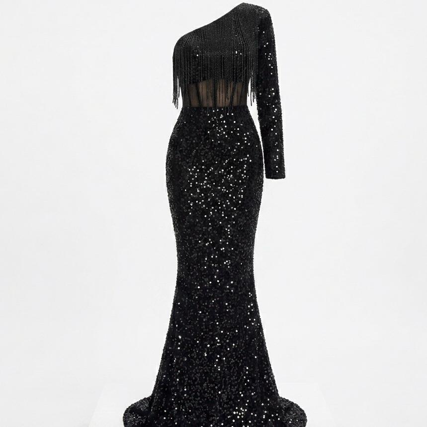 Sparkling Black Sequin One-shoulder Mermaid Evening Gown With Waterfall Beaded Fringe - Etsy Sparkling Black Sequin One-shoulder Mermaid Evening Gown With Waterfall Beaded Fringe - Etsy